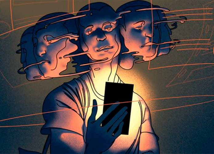 Ilustração de jovem mentalmente perdido enquanto olha para o celular na sua mão e navega por redes sociais