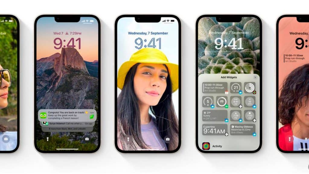 Montagem com iPhones exibindo recursos de novo iOS
