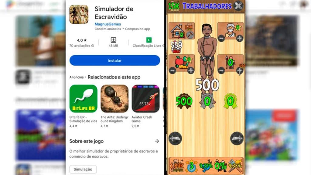 Telas do jogo "Simulador de Escravidão" em celular Android