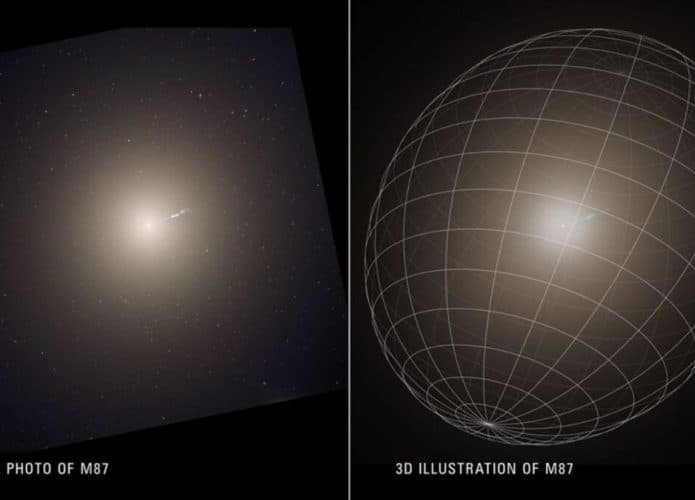 O mapeamento 3D da galáxia M67 revelou que ela tem forma de uma batata (Credito: Ilustração: NASA, ESA, Joseph Olmsted (STScI), Frank Summers (STScI); Ciência: Chung-Pei Ma (UC Berkeley))