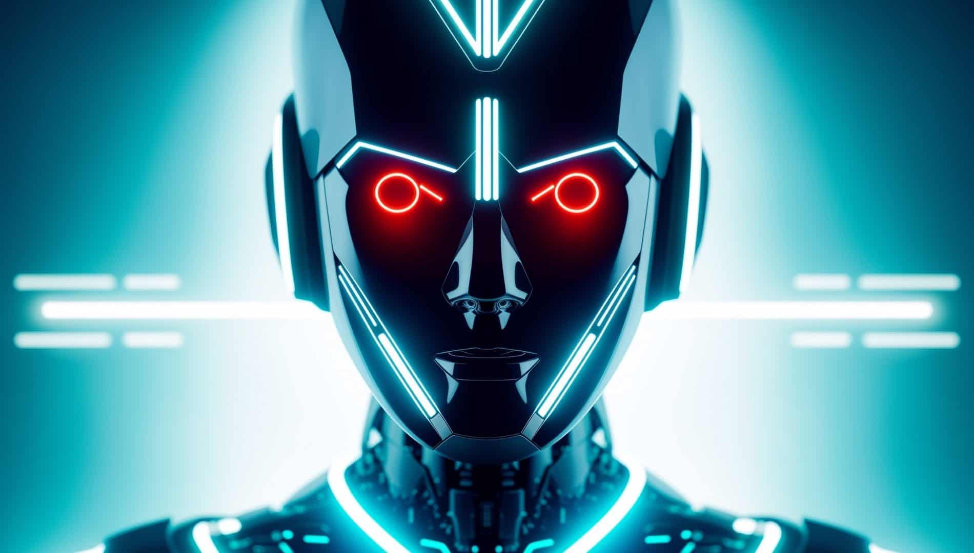 Rosto do robô com expressão de raiva e agressão, perigo dos avanços da inteligência artificial