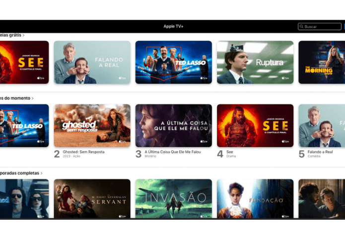 Imagem mostrando a tela com alguns dos títulos disponíveis no Apple tv+