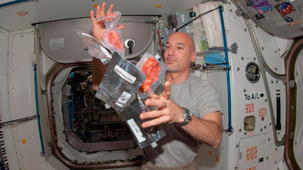 Astronauta mexendo com comida durante uma das missões espaciais na EEI