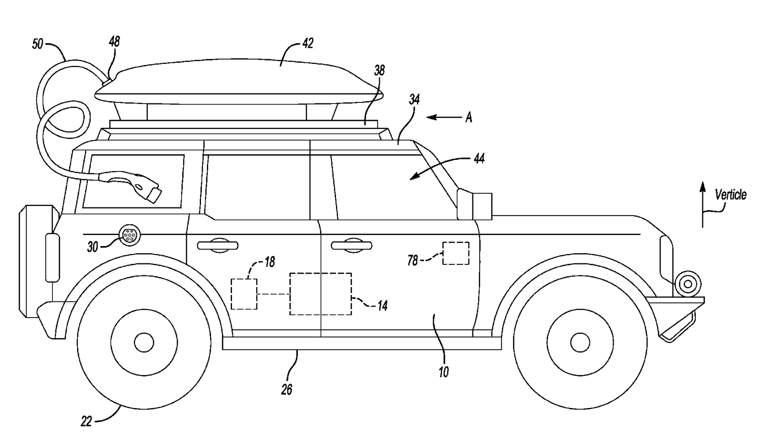 Patente da Ford descreve bateria externa no topo do carro (Imagem: divulgação/USPTO)