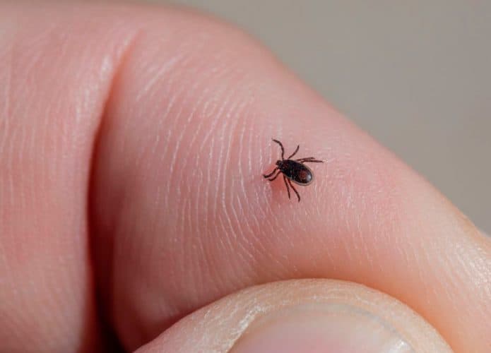 Carrapato que passa febre maculosa no dedo de uma pessoa