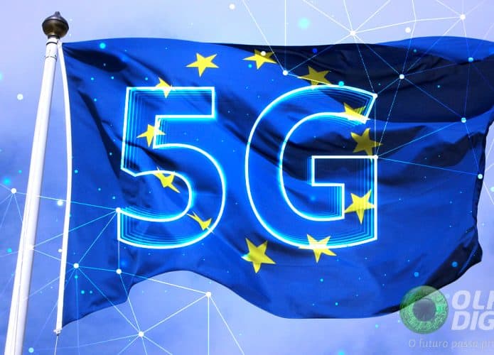 Bandeira da União Europeia sobreposta pela logomarca do 5G