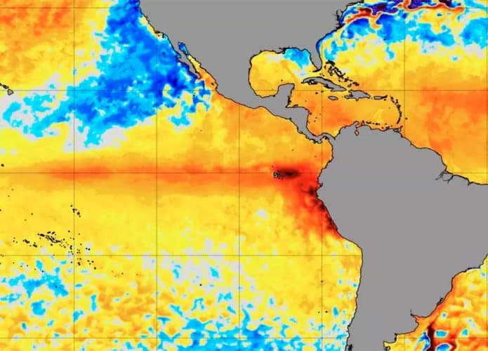 Mapa das Américas com fenômeno climático El Niño destacado nos oceanos