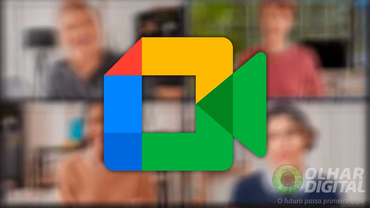 Logo do Google Meet com captura de tela de chamada de vídeo em grupo ao fundo