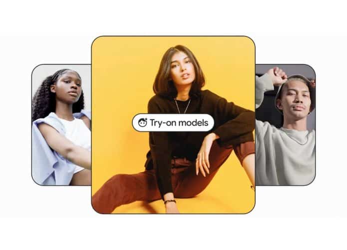 Montagem com fotos das modelos do Google e sobreposta por botão da prova virtual