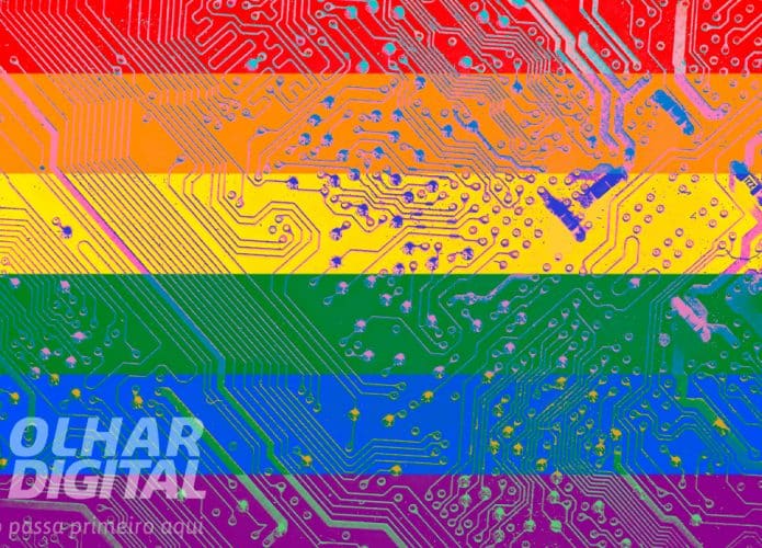 Montagem da bandeira LGBT sobreposta por circuitos tecnológicos