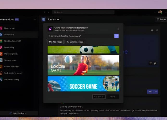 Captura de tela do Microsoft Designer no Teams