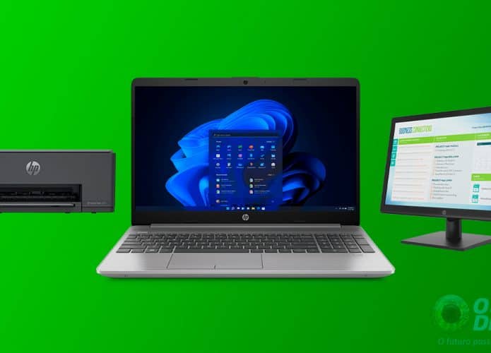 Montagem com modelos de impressora, notebook e monitor da HP