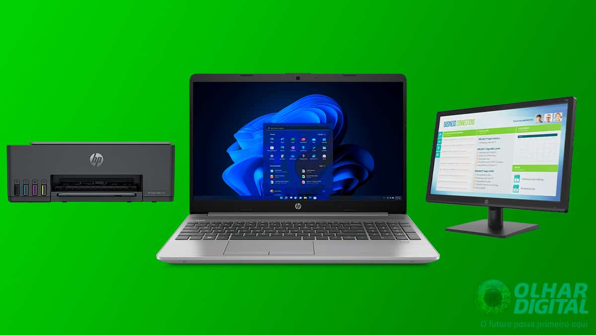 Montagem com modelos de impressora, notebook e monitor da HP