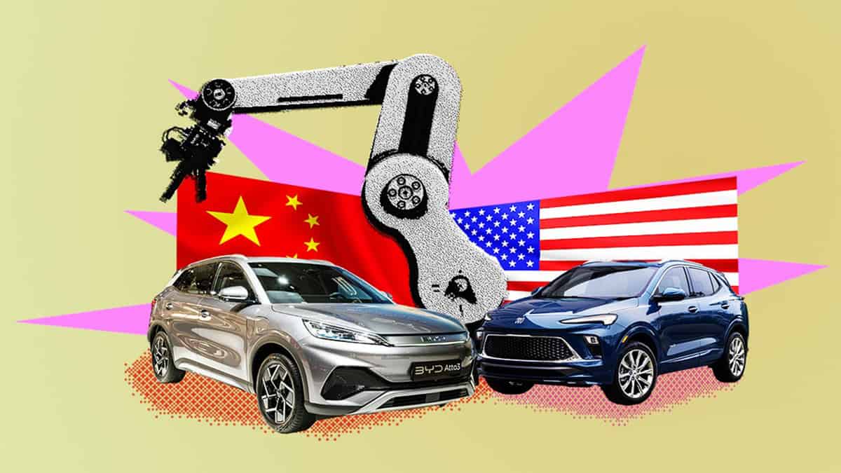 Ilustração de carros com braço mecânico de montadoras chinesas e, ao fundo, as bandeiras dos EUA e da China