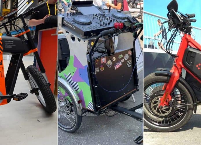 Montagem de fotos de e-bikes exibidas em evento na Europa