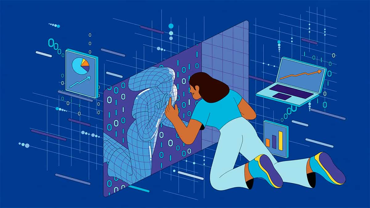 Ilustração de pessoa em ambiente virtual tocando sua cópia de IA