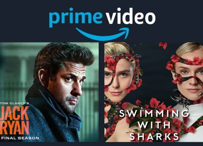Montagem com pôsteres da nova temporada de Jack Ryan e Swimming With Sharks, que vão entrar no Amazon Prime Video