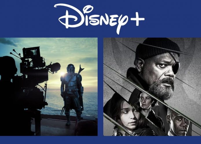 Montagem com pôsteres da nova temporada da série Disney Gallery sobre The Mandalorian e da série Invasão Secreta, ambas produções da Disney+