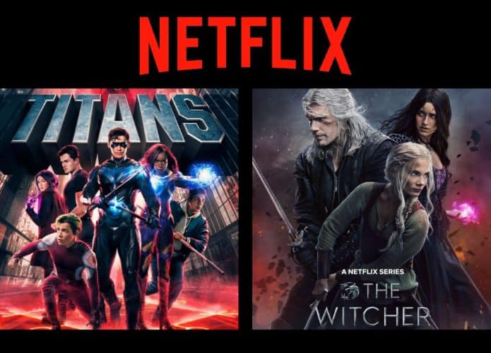 Montagem com pôsteres das novas temporadas de Titans e The Witcher que vão entrar na Netflix