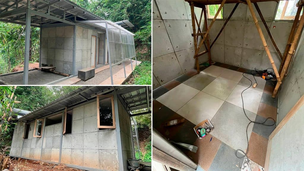 Montagem com fotos de construção de casa com concreto feito com fraldas usadas