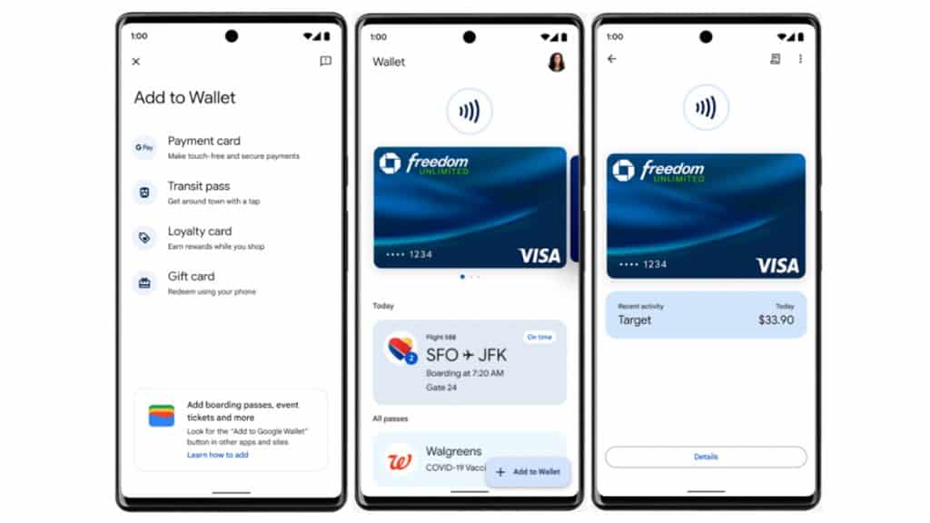 Montagem com três celulares com aplicativo Google Carteira aberto
