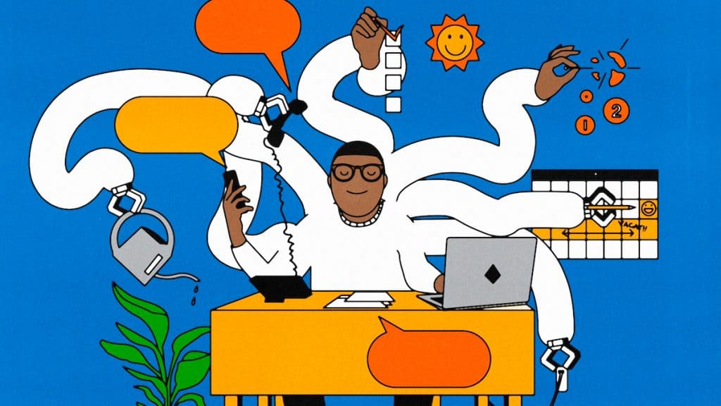 Ilustração de pessoa com múltiplos braços trabalhando e fazendo várias coisas ao mesmo tempo