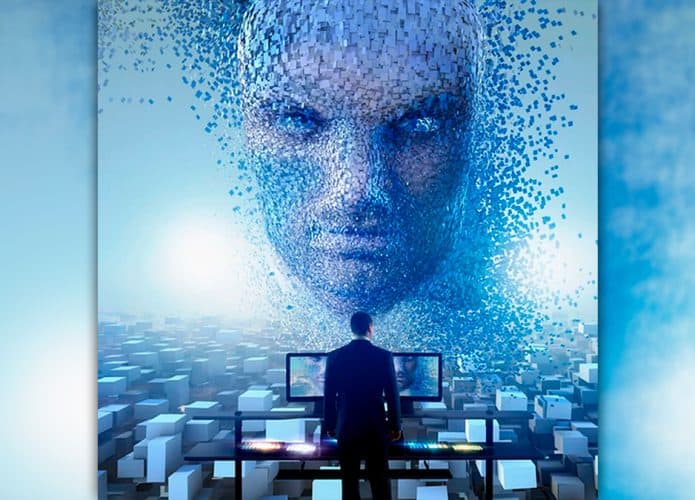 Ilustração de homem em pé em frente de monitores de computador e, acima dele, um rosto enorme de IA