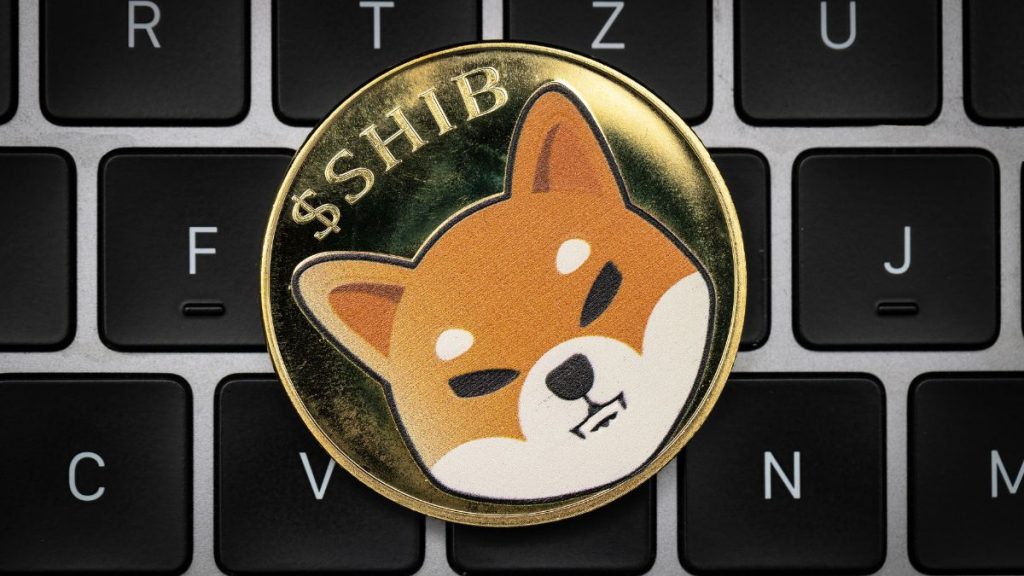 Teclado de computador de fundo e sobre ele uma moeda Shiba Iunu