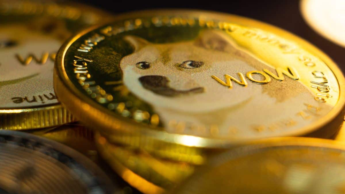 Moedas douradas, onde uma mais destacada está com a imagem do cachorro da moeda Dogecoin