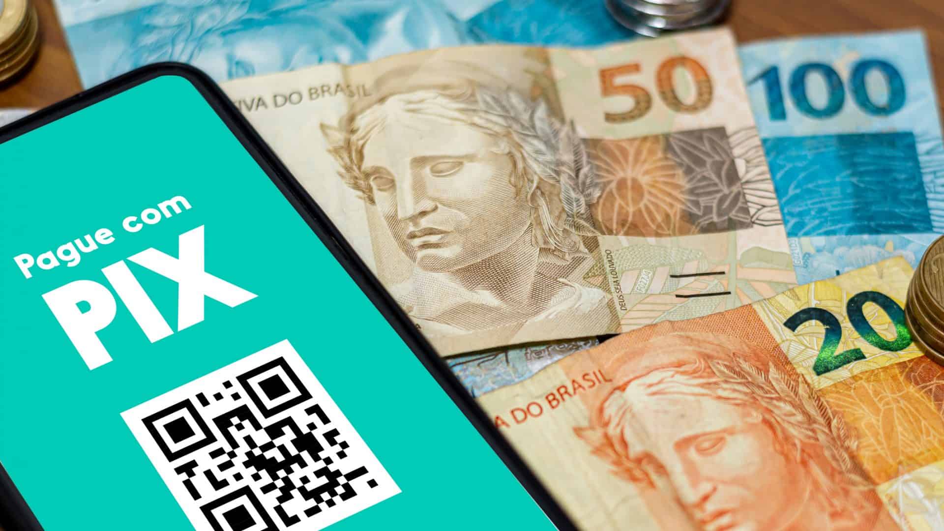 Celular com imagem de PIX e notas de dinheiro