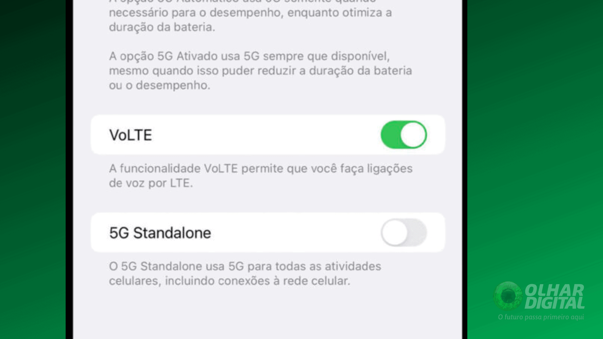 Imagem mostrando o passo 1 de ativação do 5G puro