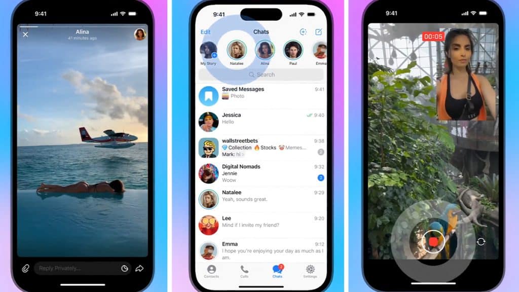 Montagem com telas das stories no Telegram num iPhone