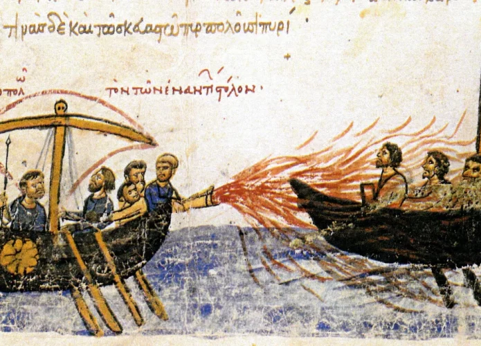 Imagem de manuscrito representando o fogo grego