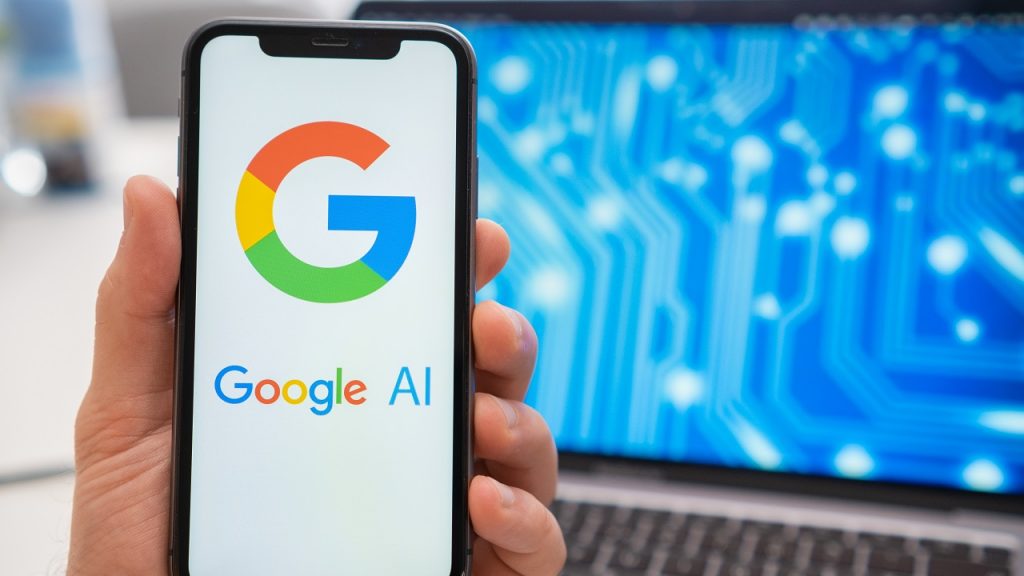 Pessoa segurando celular com logomarca da IA do Google na tela e, ao fundo, um notebook com imagem ilustrativa de tecnologia na tela
