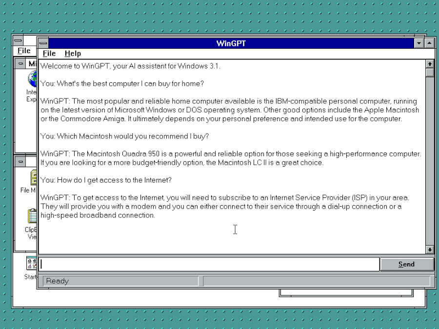 ChatGPT pelo WinGPT em um Windows 3.1 (Imagem: divulgação/dialup.net)