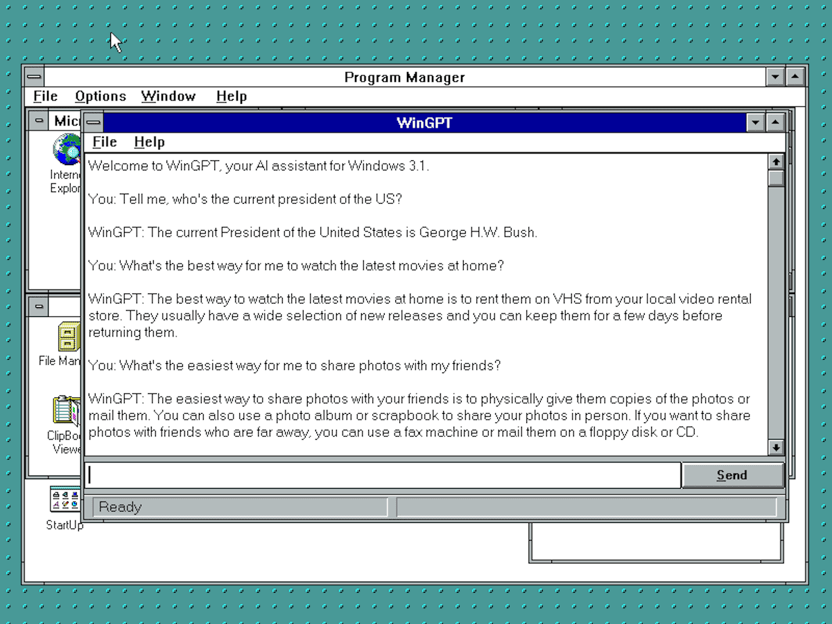 ChatGPT pelo WinGPT em um Windows 3.1 (Imagem: divulgação/dialup.net)