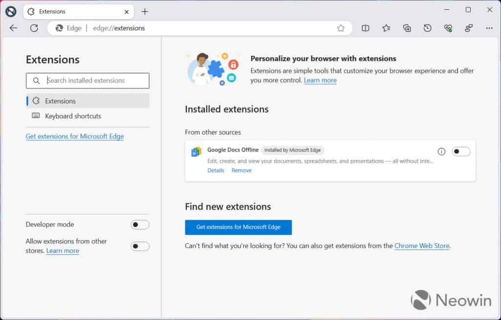 Extensão do Google Docs dentro do Edge (Imagem: reprodução/Neowin)