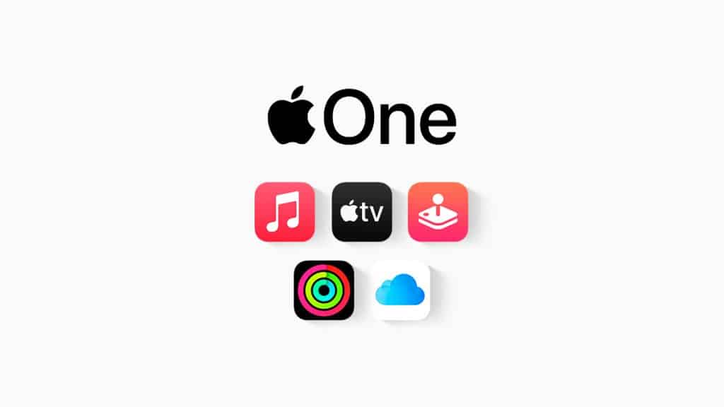 Logomarca do Apple One com ícones de aplicativos da empresa embaixo