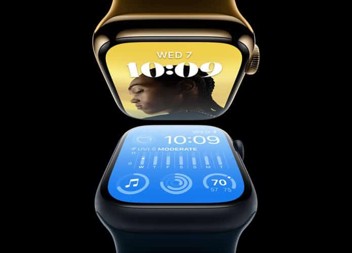 Montagem com dois Apple Watch com telas perto uma da outra