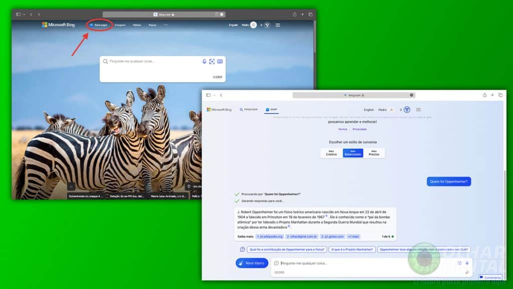 Montagem com capturas de tela no Bing e Bing Chat