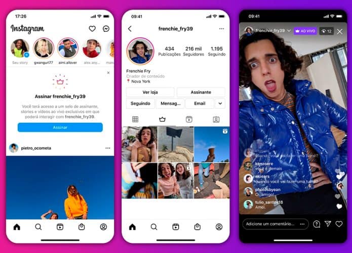 Capturas de tela do novo recurso de assinaturas do Instagram em perfil de influenciador digital