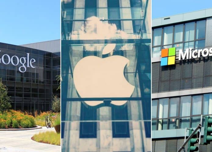 Montagem com fachadas de prédios das big techs Google, Apple e Microsoft