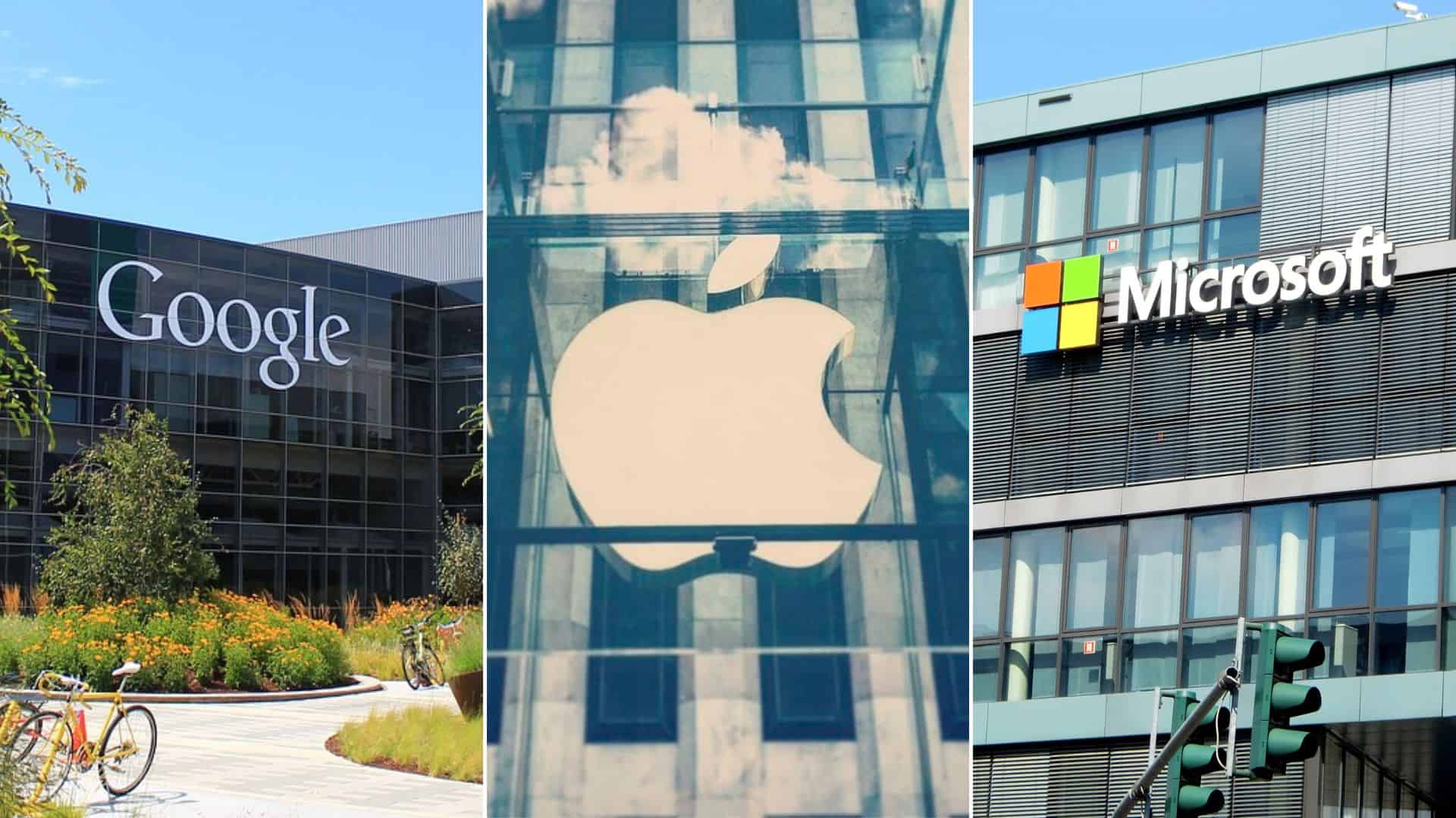 Montagem com fachadas de prédios das big techs Google, Apple e Microsoft