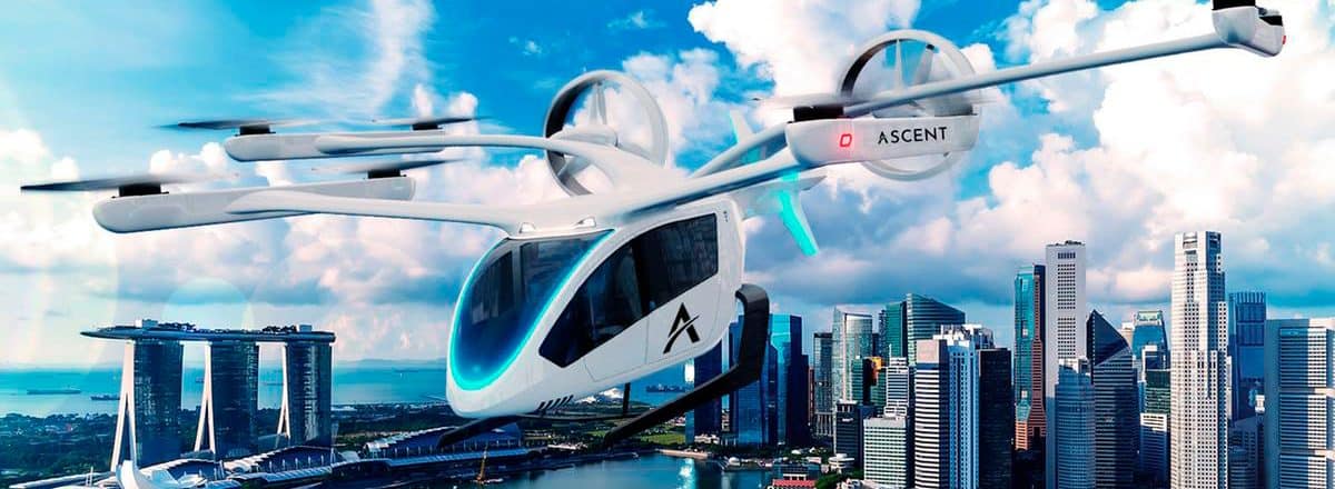 Ilustração de carro voador da Embraer no ar