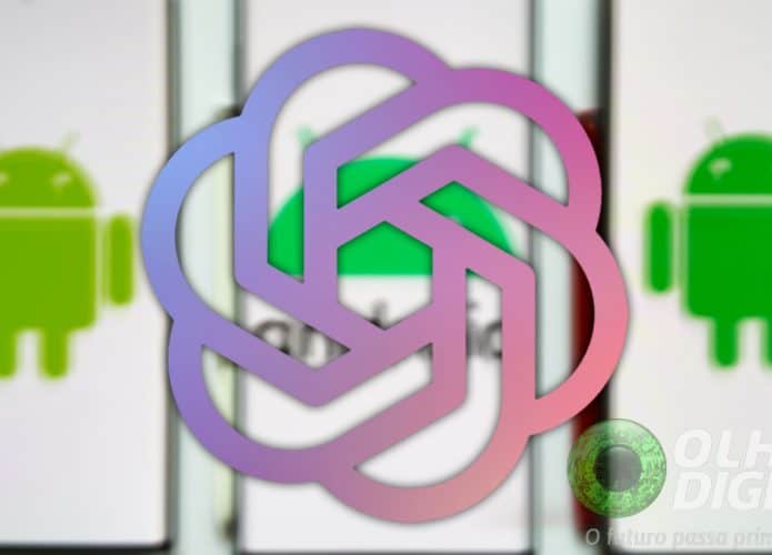 Montagem com logomarca do ChatGPT sobre logomarca do Android aberta em três celulares
