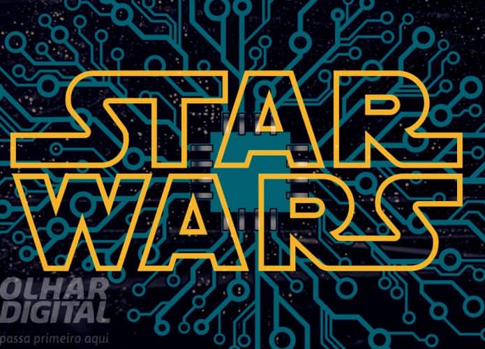 Logomarca de Star Wars sobreposta por ilustração de cérebro IA