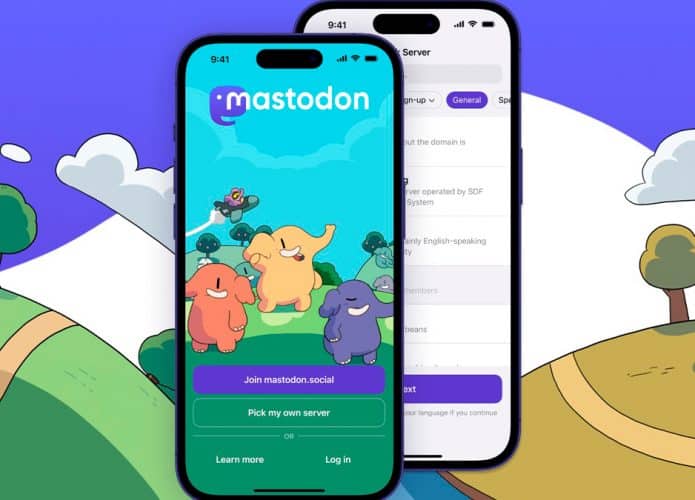 Montagem de iPhones com tela de login do Mastodon