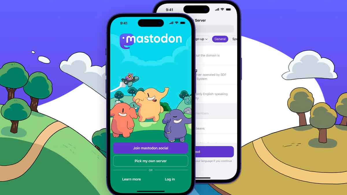 Montagem de iPhones com tela de login do Mastodon