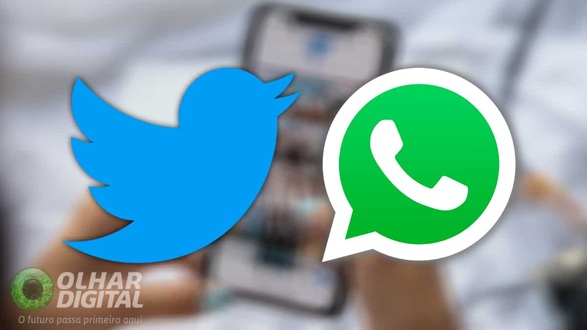 Logomarcas do Twitter e WhatsApp sobre imagem de mulher usando um iPhone