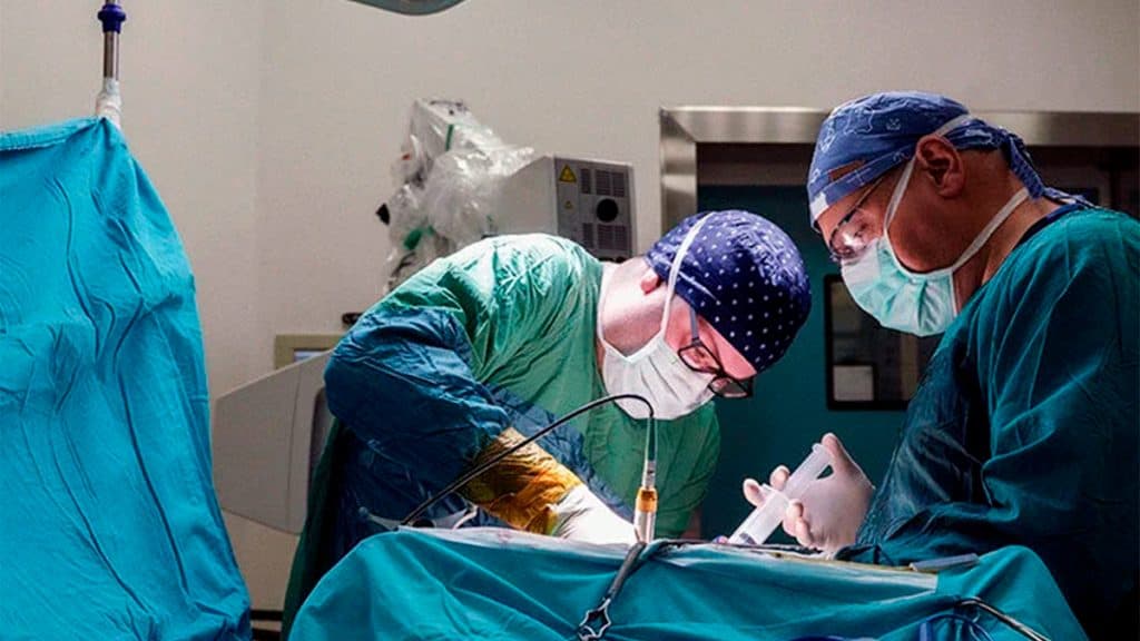 Médico e enfermeiras durante cirurgia